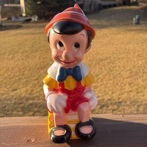 Vintage Disney Pinocchio Figurine Coin PIggy Bank No Plug 11" Play Pal Plastics